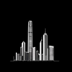 Obraz premium City skyline sketch, modern architecture, urban scene, black and white, graphic design