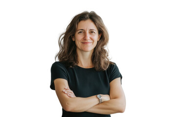 Fototapeta premium Portrait of 50 years old smiling woman looking at camera with crossed arms. Happy girl standing in creative office. Successful businesswoman standing in white background 