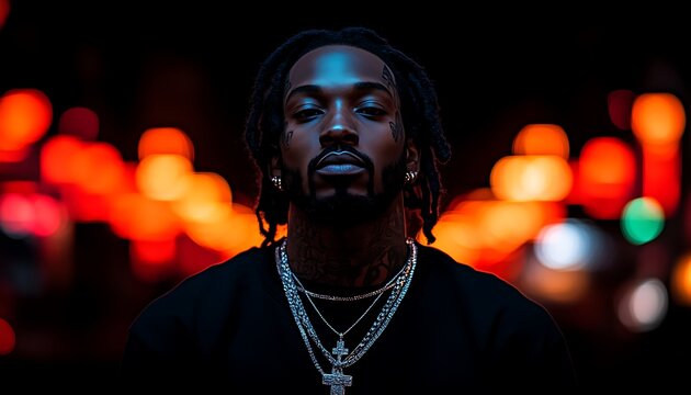 Man with dreadlocks and necklaces, city lights background.