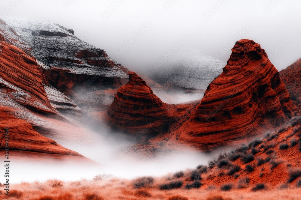 Poster a quiet morning in zion, with fog rolling through the canyon and soft light creating a mystical ambi