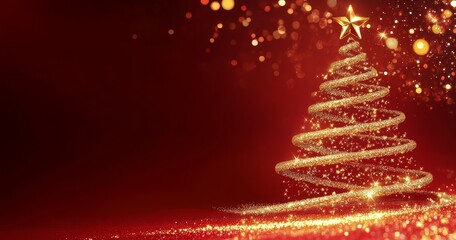 Elegant golden Christmas tree on a dark red background.