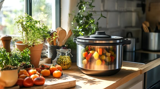 Homemade vegetarian electric pressure cooker meal in a ketchen