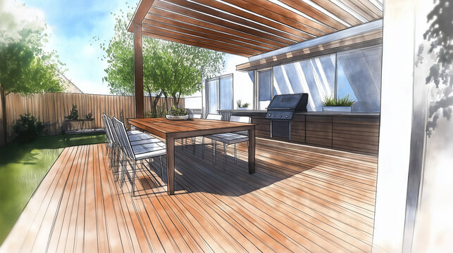 Architectural plan of a deck addition drawn with fine detail, including a shaded area, stylish furniture, and an integrated BBQ station for outdoor gatherings
