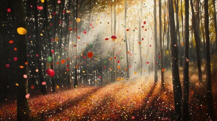 Fototapeta premium Autumnal Forest With Falling Leaves A Magical Scene