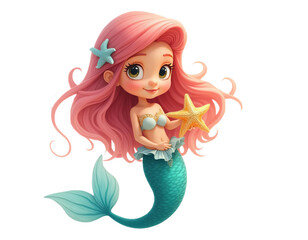 Cute Young Cartoon Mermaid with Long Blue Ocean Tail in 3D