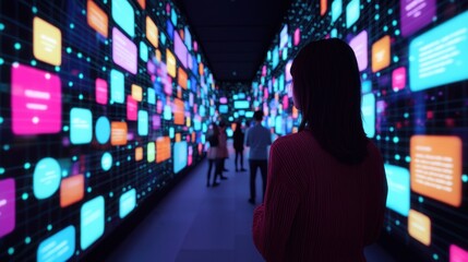 Woman Observing Colorful Digital Information Corridor
