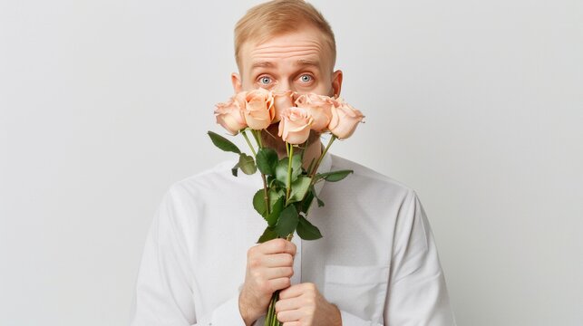Valentine's day Young man on date hiding behind a bouquet of pink roses, showcasing joy and love, conveying a sense of romance and happiness in a minimalistic setting. - Powered by Adobe