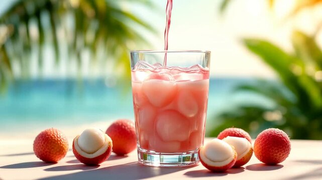 A refreshing glass of lychee juice with fresh lychees on the side