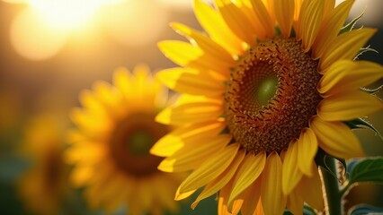 Obraz premium Close-up of a sunflower with dew drops in sunlight 