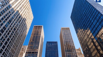Obraz premium City skyscrapers, sunny day, low angle view, urban scene, business background
