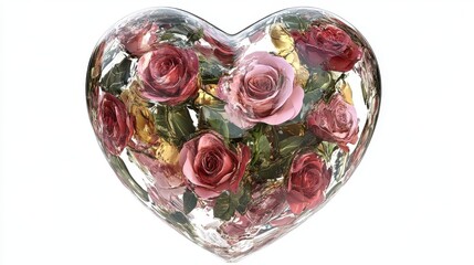 A crystal heart filled with blooming roses, fantasy art, 3D rendering, transparent textures, isolated on white background 