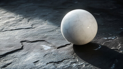 
A shiny, white ball sits on a dark, patterned surface, reflecting light from below