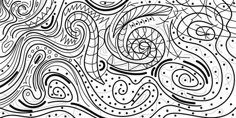 Doodle abstract chaotic lines and dots background in black and white colours. Hand drawn colorful vector illustration for banners, wallpaper, textile, wrapping. Editable stroke	
