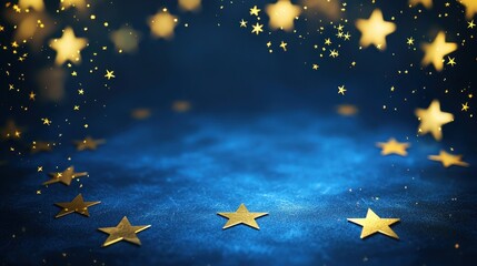 Fototapeta premium Glittering golden stars scattered on a deep blue textured background, symbolizing achievement, dreams, and celebration, indoors.