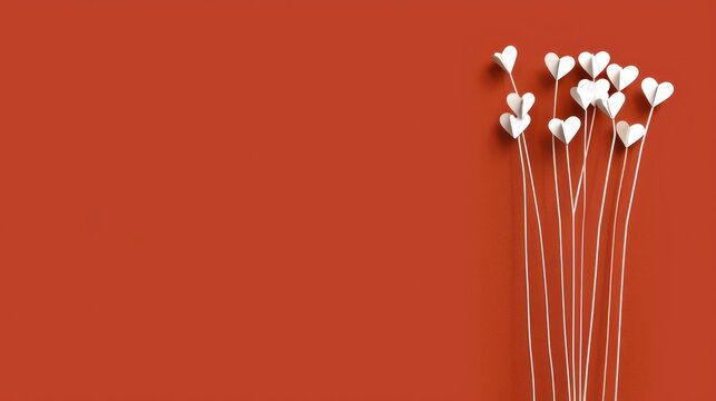 Valentine's day background White heart shapes on thin stems against a rich terracotta background, symbolizing love, joy, and romance with a minimalist and modern design aesthetic.