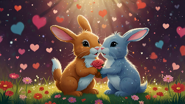 A cute cartoon couple of animals (such as bunnies or kittens) exchanging a bouquet of flowers, with hearts and sparkles in the background, radiating love and joy.