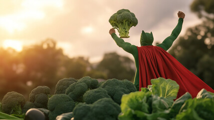 A caped hero standing triumphantly on a mountain of vegetables, holding broccoli high above, radiating an aura of superfood energy