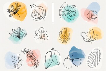 Set of Hand-drawn Botanical Illustrations Featuring Leaves and Floral Elements with Watercolor Backgrounds in Pastel Colors for Creative Projects
