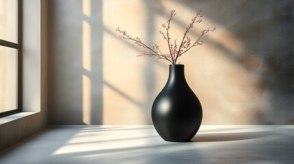 A round black vase with flowers sits by a bright window, casting soft shadows