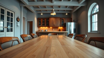 precise architectural color photograph of a tight close-up shot of a dining table in a kitchen interior with a fridge and counter. Detailed focus