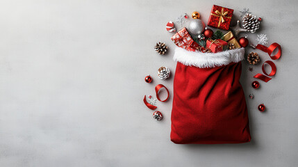 cheerful red sack filled with shiny Christmas gifts, ornaments, and decorations, creating festive atmosphere for holiday season