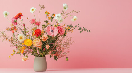 vibrant floral arrangement in vase against pink background, showcasing variety of colorful flowers that evoke joy and freshness
