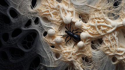 Surreal 3D background featuring a highly detailed insect-like structure intertwined with intricate organic grid, blending biotech and fantasy themes