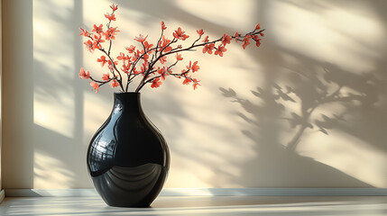 A round black vase with flowers sits by a bright window, casting soft shadows