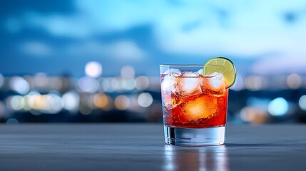 Red cocktail in rocks glass with ice and lime wedge, city lights bokeh background.