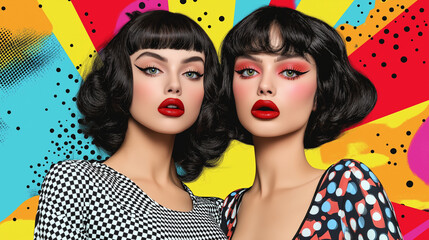 Obraz premium A striking pop art image of two women with vintage hairstyles, bold lip colors, and patterned outfits, standing confidently with colorful comic book panels in the background