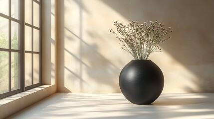 A round black vase with flowers sits by a bright window, casting soft shadows