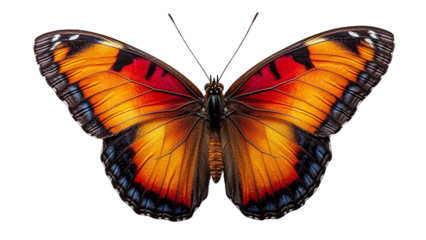 A butterfly with orange and black wings. The butterfly is resting on a white background. The butterfly is the main focus of the image