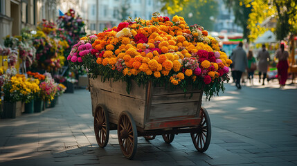 A wooden cart filled with vibrant bouquets of marigolds and dahlias, placed in the corner of a festive plaza