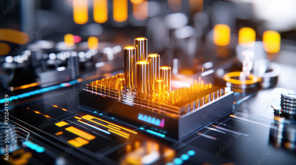 Poster 3D digital model of industrial setup featuring glowing metallic structures and intricate circuitry. vibrant colors and detailed design evoke sense of advanced technology and innovation