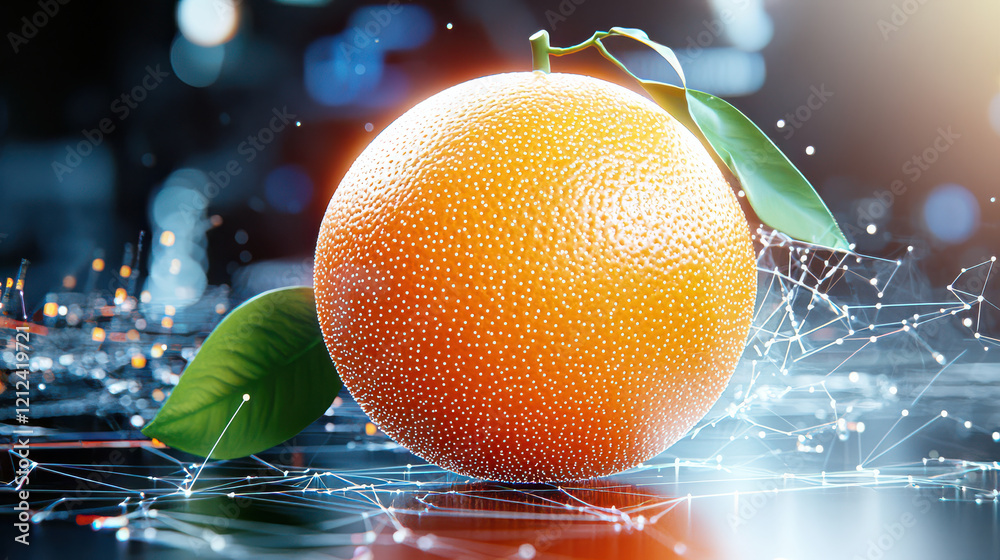 Leinwandbilder 3d digital model of orange with green leaf, surrounded by network of lines and dots, creating futuri