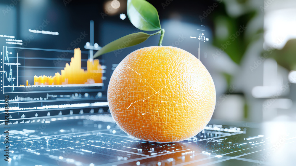 Poster 3D digital model of orange with leaf, surrounded by data visualizations and graphs, symbolizes innovation and technology in agriculture