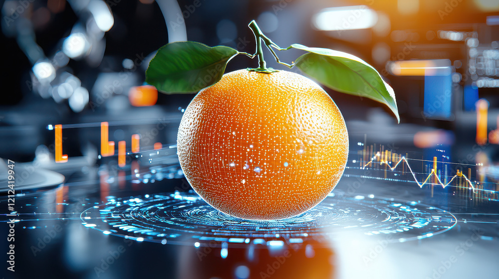 Poster 3d digital model of orange surrounded by technology, showcasing vibrant colors and futuristic elemen
