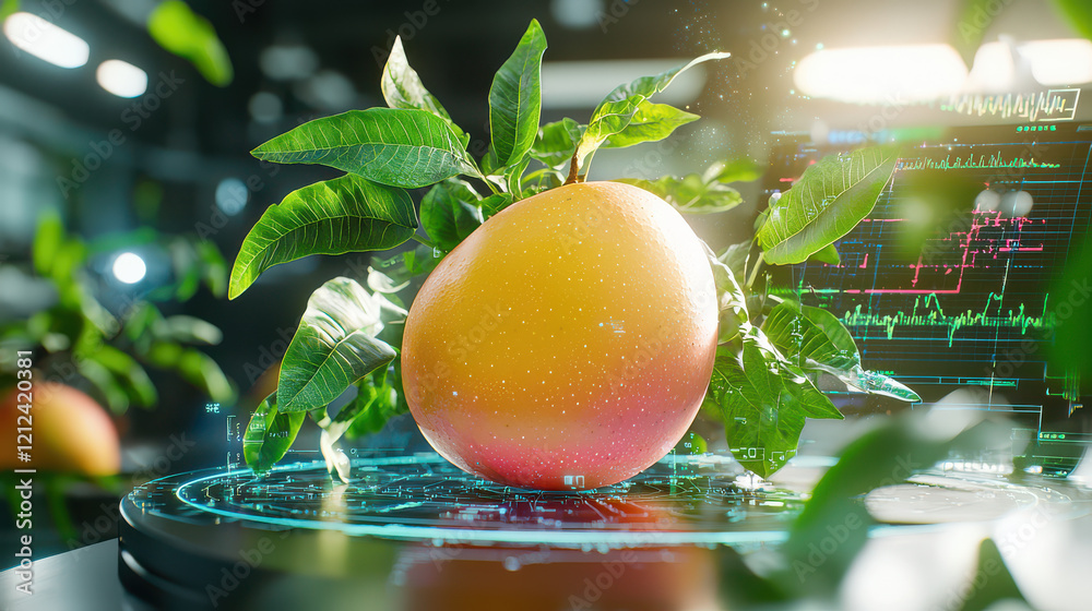 Poster 3d model of ripe mango on futuristic analysis table surrounded by green leaves, showcasing advanced 