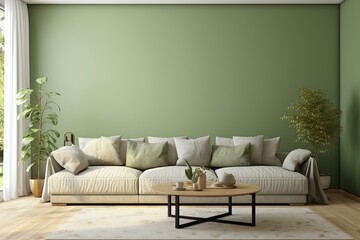 Modern, minimalist interior design featuring a green wall, comfortable sofa, houseplants, and a wooden coffee table, creating a peaceful and stylish living room
