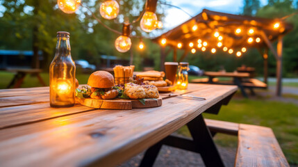 Obraz premium Cozy Outdoor Dining Setup with Delicious Food, Drinks, and Warm String Lights at Twilight