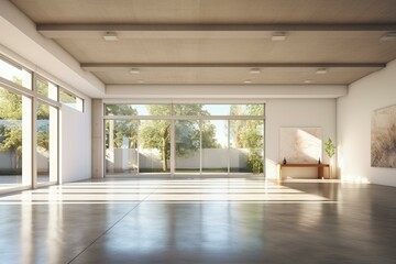 Fototapeta premium Sunlight illuminating empty, modern room with polished concrete floor and view of garden