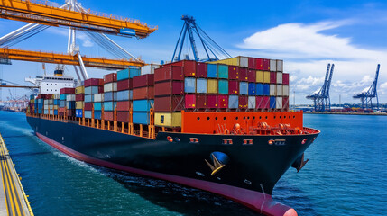 Naklejka premium A dramatic close-up of a container ship's hull at port, with cranes towering over it, moving cargo against a backdrop of the ocean and industrial infrastructure