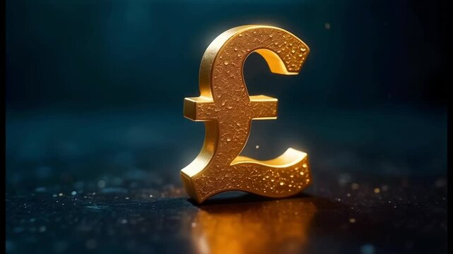 Gold pound sterling symbol reflecting light, set against a sleek dark blue background