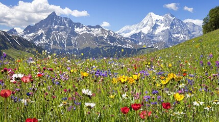 Alpine meadow wildflowers, mountains backdrop, sunny day, travel poster.