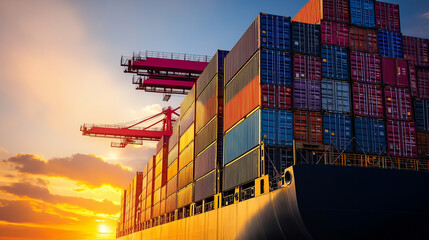 Fototapeta premium A close-up of a container ship at port during the golden hour, the towering cranes silhouetted against a warm sunset, symbolizing global trade connectivity