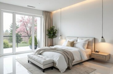 Modern bright bedroom with white walls, a tufted bed, minimal decor, large windows and natural light