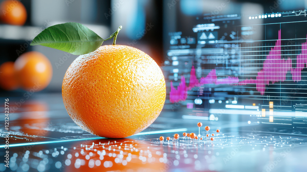 Aufkleber close up of realistic digital model of orange with green leaf, surrounded by data visualizations and