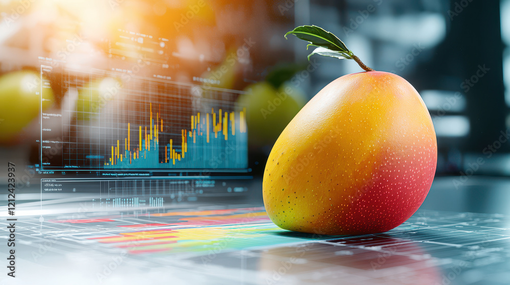 Poster close up of ripe mango on digital modeling environment, showcasing vibrant colors and sleek design. mango symbolizes freshness and innovation in technology