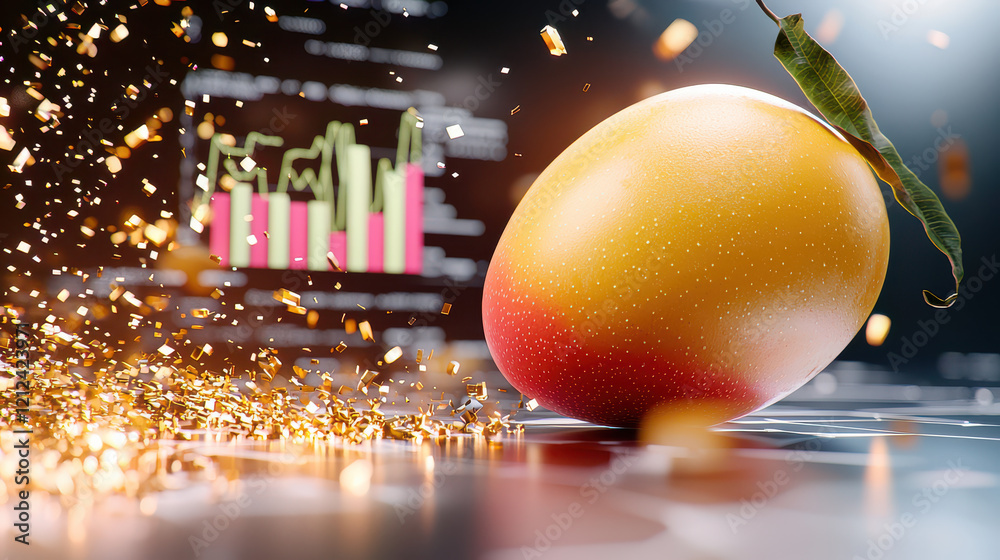 Aufkleber close up of ripe mango in digital modeling environment, surrounded by sparkling particles and data visualizations, creating vibrant and modern atmosphere