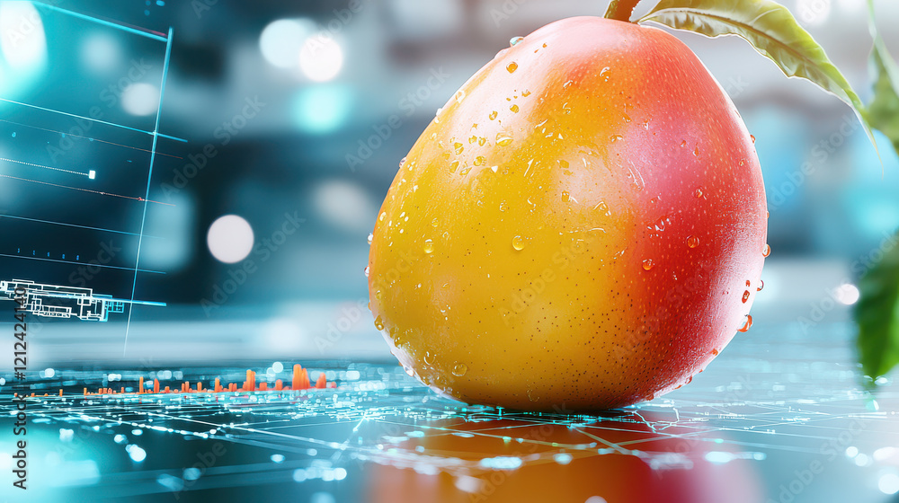 Aufkleber close up of ripe mango with droplets, set in digital modeling environment, showcasing vibrant colors